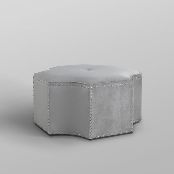 HomeRoots 33" Stylish Octagonal Cocktail Ottoman in Silver Faux Leather with Tufted Design & Nailhead Trim Grey Velvet/Chrome, Velvet Velvet 490607