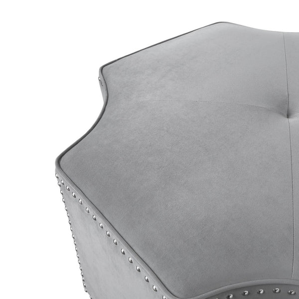 HomeRoots 33" Stylish Octagonal Cocktail Ottoman in Silver Faux Leather with Tufted Design & Nailhead Trim Grey Velvet/Chrome, Velvet Velvet 490607