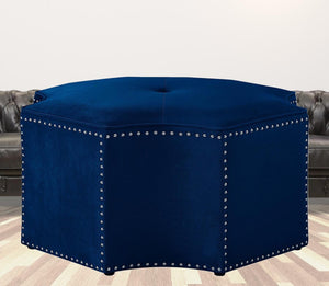 HomeRoots 33" Stylish Octagonal Cocktail Ottoman in Silver Faux Leather with Tufted Design & Nailhead Trim Navy Velvet/Chrome, Velvet Velvet 490608