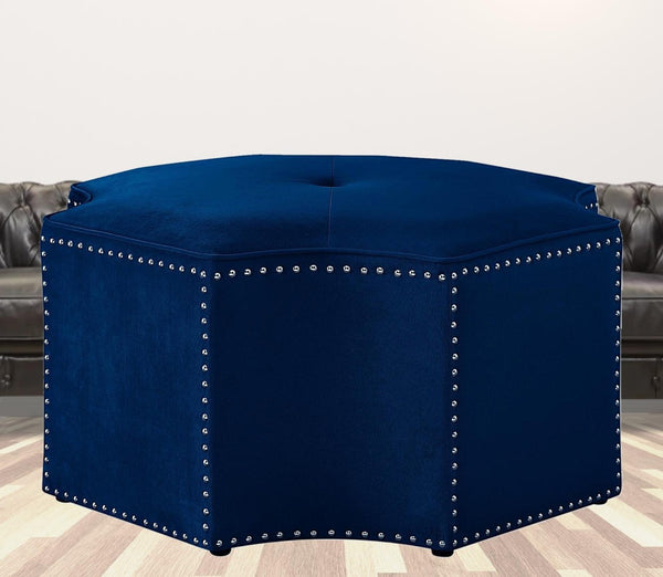 HomeRoots 33" Stylish Octagonal Cocktail Ottoman in Silver Faux Leather with Tufted Design & Nailhead Trim Navy Velvet/Chrome, Velvet Velvet 490608