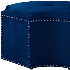 HomeRoots 33" Stylish Octagonal Cocktail Ottoman in Silver Faux Leather with Tufted Design & Nailhead Trim Navy Velvet/Chrome, Velvet Velvet 490608