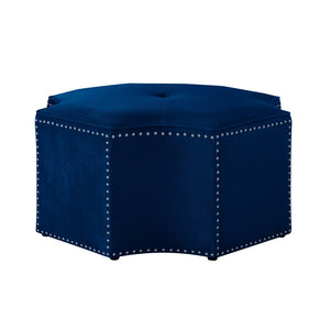 HomeRoots 33" Stylish Octagonal Cocktail Ottoman in Silver Faux Leather with Tufted Design & Nailhead Trim Navy Velvet/Chrome, Velvet Velvet 490608