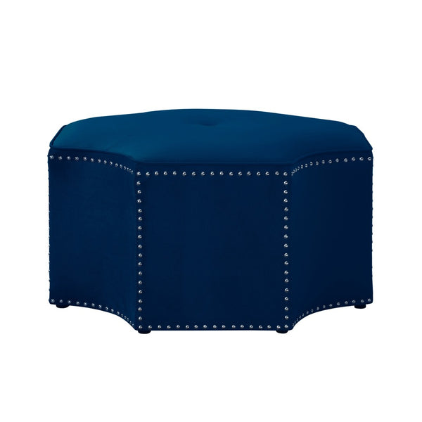 HomeRoots 33" Stylish Octagonal Cocktail Ottoman in Silver Faux Leather with Tufted Design & Nailhead Trim Navy Velvet/Chrome, Velvet Velvet 490608