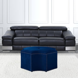 HomeRoots 33" Stylish Octagonal Cocktail Ottoman in Silver Faux Leather with Tufted Design & Nailhead Trim Navy Velvet/Chrome, Velvet Velvet 490608