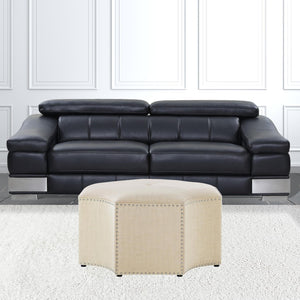 HomeRoots 33" Stylish Octagonal Cocktail Ottoman in Silver Faux Leather with Tufted Design & Nailhead Trim Cream White Linen/Chrome, Linen Linen 490609