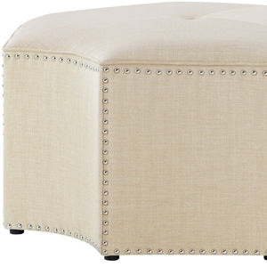HomeRoots 33" Stylish Octagonal Cocktail Ottoman in Silver Faux Leather with Tufted Design & Nailhead Trim Cream White Linen/Chrome, Linen Linen 490609