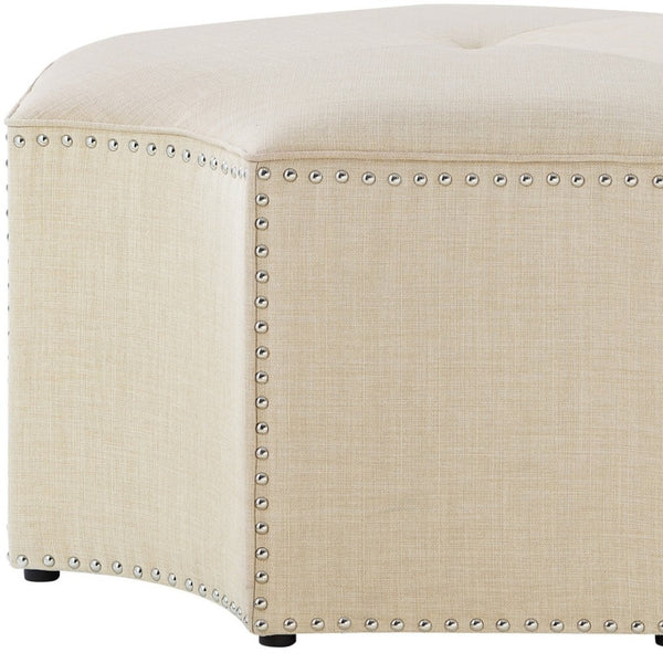 HomeRoots 33" Stylish Octagonal Cocktail Ottoman in Silver Faux Leather with Tufted Design & Nailhead Trim Cream White Linen/Chrome, Linen Linen 490609