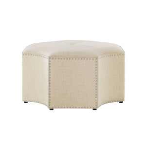 HomeRoots 33" Stylish Octagonal Cocktail Ottoman in Silver Faux Leather with Tufted Design & Nailhead Trim Cream White Linen/Chrome, Linen Linen 490609
