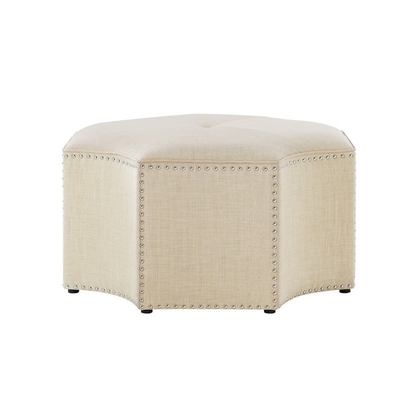 HomeRoots 33" Stylish Octagonal Cocktail Ottoman in Silver Faux Leather with Tufted Design & Nailhead Trim Cream White Linen/Chrome, Linen Linen 490609