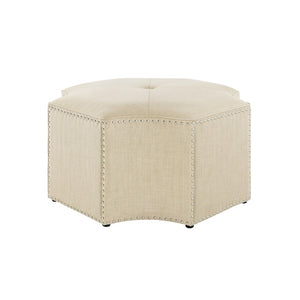 HomeRoots 33" Stylish Octagonal Cocktail Ottoman in Silver Faux Leather with Tufted Design & Nailhead Trim Cream White Linen/Chrome, Linen Linen 490609
