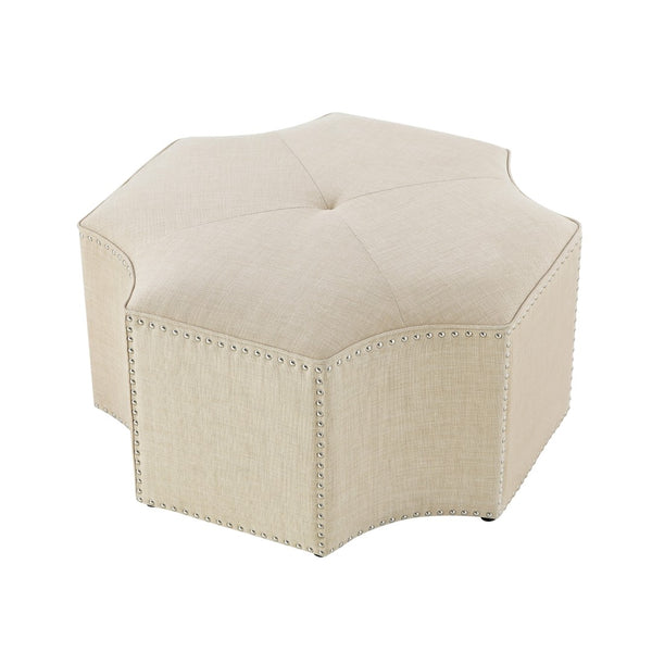 HomeRoots 33" Stylish Octagonal Cocktail Ottoman in Silver Faux Leather with Tufted Design & Nailhead Trim Cream White Linen/Chrome, Linen Linen 490609