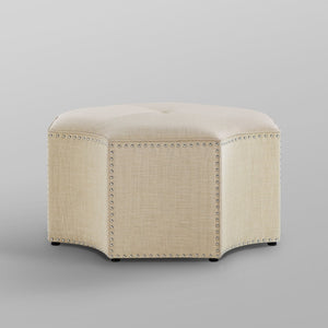 HomeRoots 33" Stylish Octagonal Cocktail Ottoman in Silver Faux Leather with Tufted Design & Nailhead Trim Cream White Linen/Chrome, Linen Linen 490609