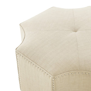 HomeRoots 33" Stylish Octagonal Cocktail Ottoman in Silver Faux Leather with Tufted Design & Nailhead Trim Cream White Linen/Chrome, Linen Linen 490609