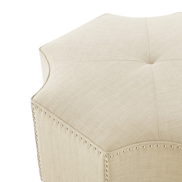 HomeRoots 33" Stylish Octagonal Cocktail Ottoman in Silver Faux Leather with Tufted Design & Nailhead Trim Cream White Linen/Chrome, Linen Linen 490609