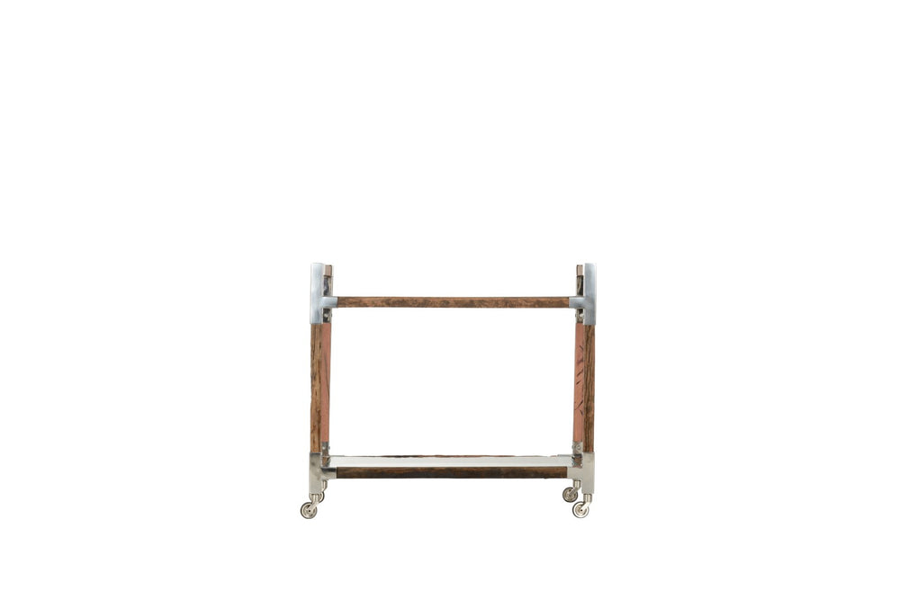 Wildwood Rustic Reclaimed Wood Glam Bar Cart With Polished Nickel Accents, Glass Shelves & Locking Casters 490610