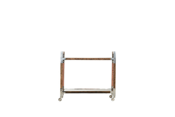 Wildwood Rustic Reclaimed Wood Glam Bar Cart With Polished Nickel Accents, Glass Shelves & Locking Casters 490610