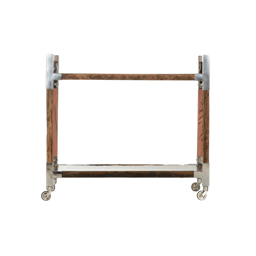 Wildwood Rustic Reclaimed Wood Glam Bar Cart With Polished Nickel Accents, Glass Shelves & Locking Casters 490610