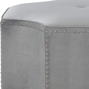 HomeRoots 33" Stylish Octagonal Cocktail Ottoman in Silver Faux Leather with Tufted Design & Nailhead Trim Grey Linen/Chrome, Linen Linen 490610