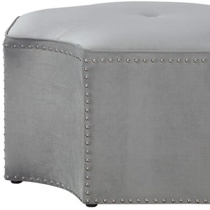 HomeRoots 33" Stylish Octagonal Cocktail Ottoman in Silver Faux Leather with Tufted Design & Nailhead Trim Grey Linen/Chrome, Linen Linen 490610
