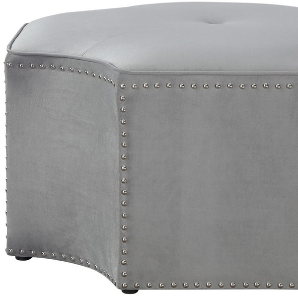 HomeRoots 33" Stylish Octagonal Cocktail Ottoman in Silver Faux Leather with Tufted Design & Nailhead Trim Grey Linen/Chrome, Linen Linen 490610