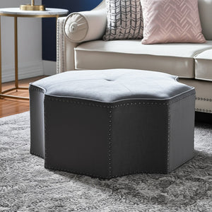 HomeRoots 33" Stylish Octagonal Cocktail Ottoman in Silver Faux Leather with Tufted Design & Nailhead Trim Grey Linen/Chrome, Linen Linen 490610