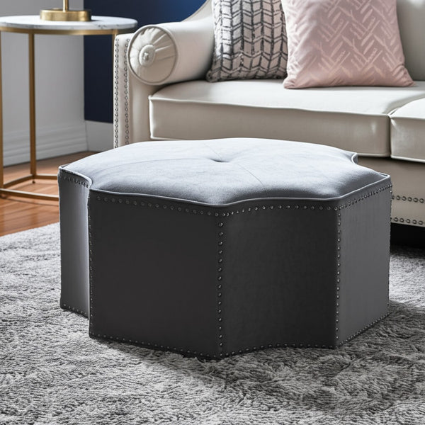 HomeRoots 33" Stylish Octagonal Cocktail Ottoman in Silver Faux Leather with Tufted Design & Nailhead Trim Grey Linen/Chrome, Linen Linen 490610