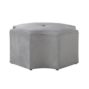 HomeRoots 33" Stylish Octagonal Cocktail Ottoman in Silver Faux Leather with Tufted Design & Nailhead Trim Grey Linen/Chrome, Linen Linen 490610