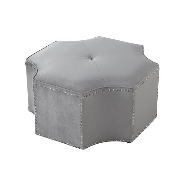 HomeRoots 33" Stylish Octagonal Cocktail Ottoman in Silver Faux Leather with Tufted Design & Nailhead Trim Grey Linen/Chrome, Linen Linen 490610