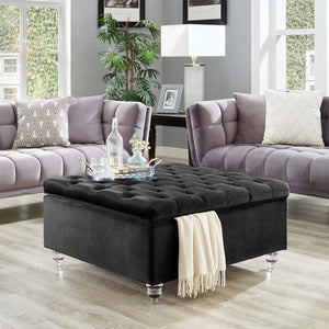 Homeroots 36" Black Velvet And Clear Tufted Storage Black  490611