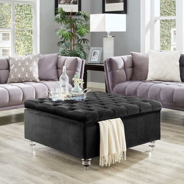 Homeroots 36" Black Velvet And Clear Tufted Storage Black  490611