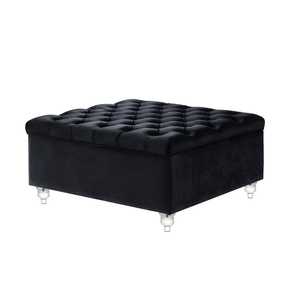 HomeRoots 36" Plush Velvet and Clear Acrylic Tufted Storage Ottoman – Stylish Seating and Hidden Storage Solution Black 490611
