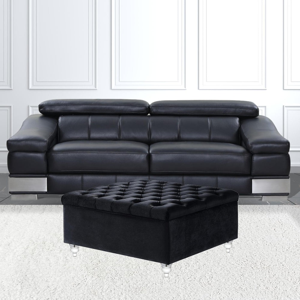 HomeRoots 36" Plush Velvet and Clear Acrylic Tufted Storage Ottoman – Stylish Seating and Hidden Storage Solution Black 490611
