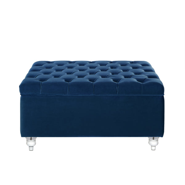 Homeroots 36" Blue Velvet And Clear Tufted Storage Blue  490612