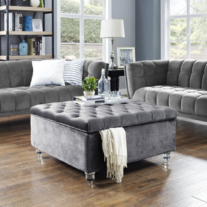 Homeroots 36" Gray Velvet And Clear Tufted Storage Grey  490613