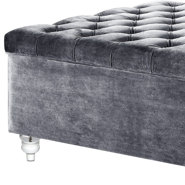 Homeroots 36" Gray Velvet And Clear Tufted Storage Grey  490613