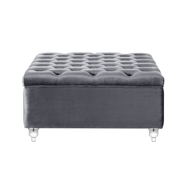 Homeroots 36" Gray Velvet And Clear Tufted Storage Grey  490613
