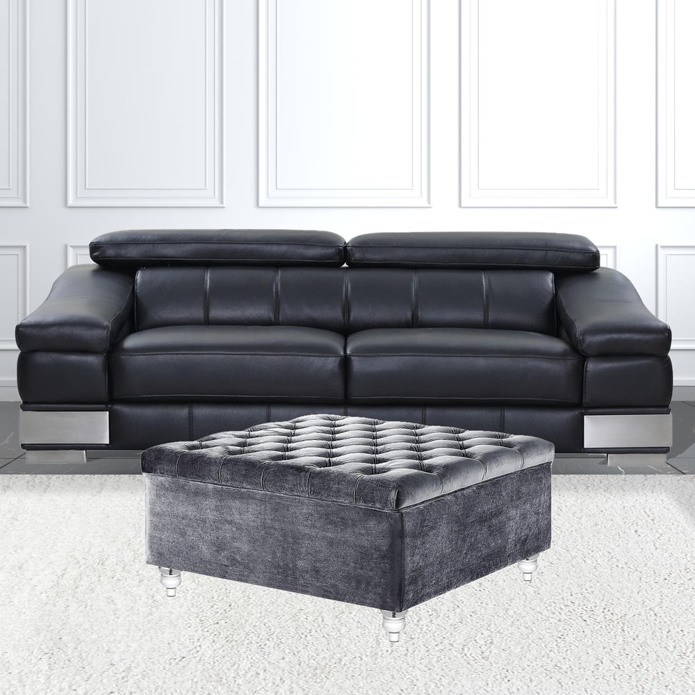 Homeroots 36" Gray Velvet And Clear Tufted Storage Grey  490613