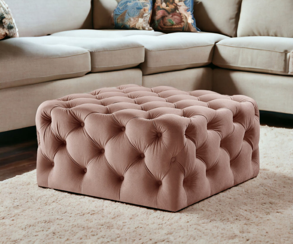 HomeRoots 33" Plush Rolling Tufted Cocktail Ottoman - Mid-Century Modern Design for Versatile Living Spaces Blush Velvet 490615