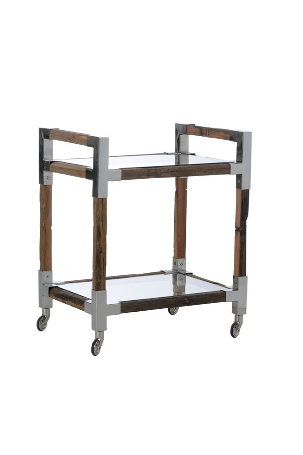 Wildwood Rustic Glam Bar Cart With Reclaimed Wood, Polished Nickel Accents, Tempered Glass Shelves & Casters 490616