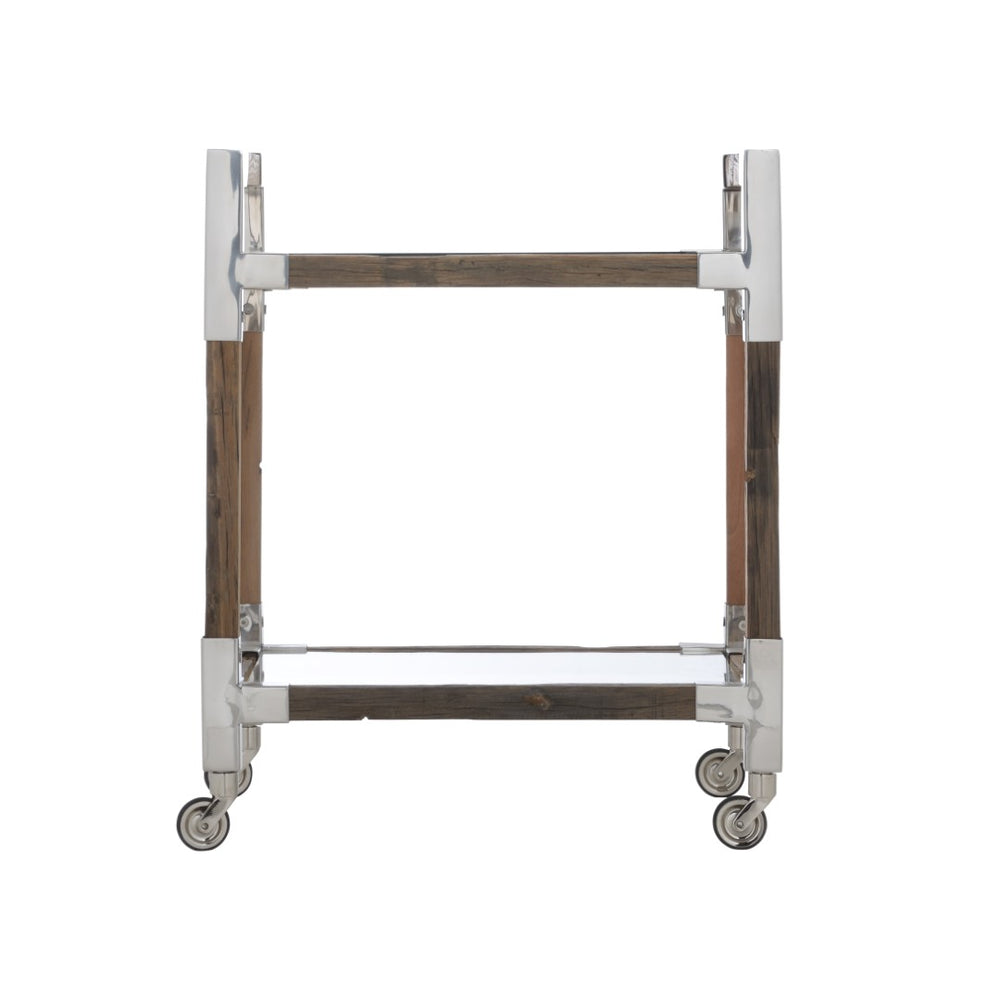 Wildwood Rustic Glam Bar Cart With Reclaimed Wood, Polished Nickel Accents, Tempered Glass Shelves & Casters 490616