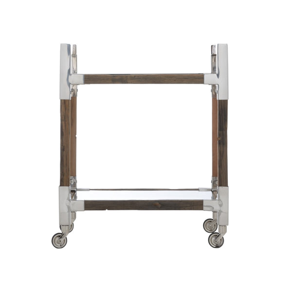 Wildwood Rustic Glam Bar Cart With Reclaimed Wood, Polished Nickel Accents, Tempered Glass Shelves & Casters 490616