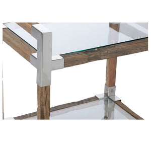 Wildwood Rustic Glam Bar Cart With Reclaimed Wood, Polished Nickel Accents, Tempered Glass Shelves & Casters 490616