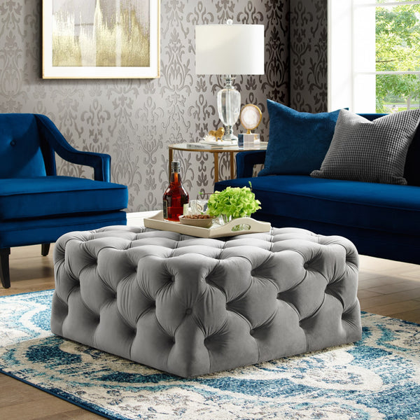 Homeroots 33" Gray Velvet Rolling Tufted Cocktail Ottoman Grey,Velvet  490616