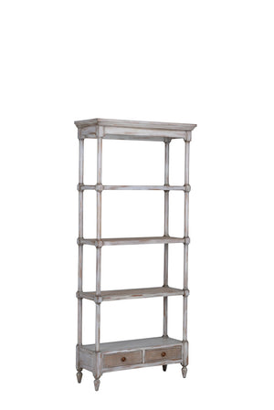 Wildwood Summer House Etagere Gray-Washed Gmelina Hardwood Shelving With Woven Cane Panels & Drawers - Tall Display Storage For Coastal Living 490617