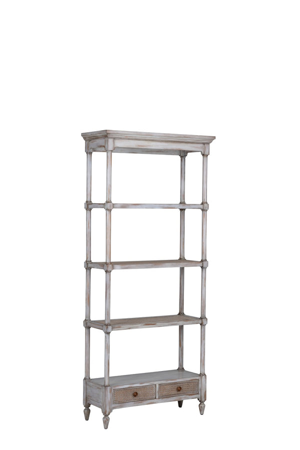 Wildwood Summer House Etagere Gray-Washed Gmelina Hardwood Shelving With Woven Cane Panels & Drawers - Tall Display Storage For Coastal Living 490617