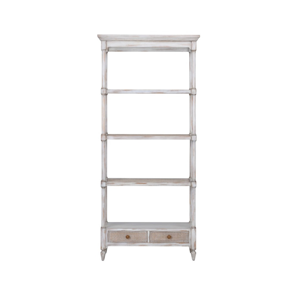Wildwood Summer House Etagere Gray-Washed Gmelina Hardwood Shelving With Woven Cane Panels & Drawers - Tall Display Storage For Coastal Living 490617