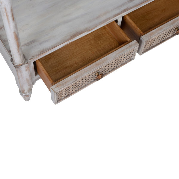Wildwood Summer House Etagere Gray-Washed Gmelina Hardwood Shelving With Woven Cane Panels & Drawers - Tall Display Storage For Coastal Living 490617