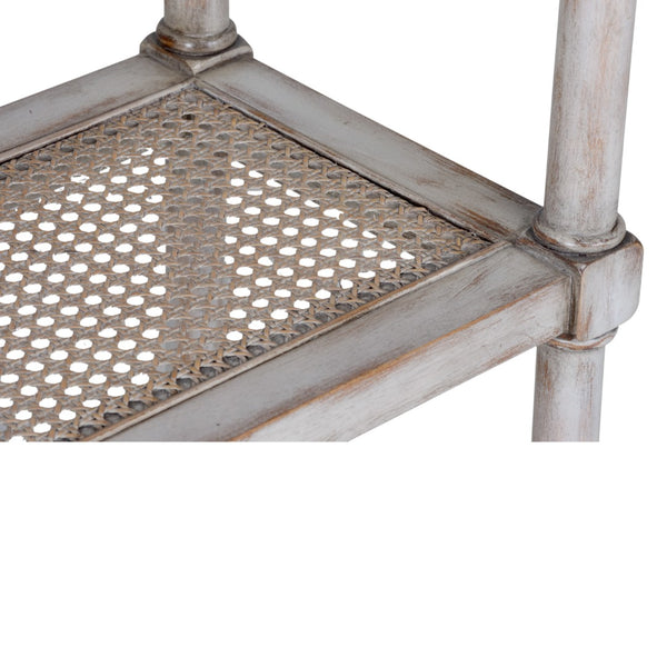 Wildwood Summer House Etagere Gray-Washed Gmelina Hardwood Shelving With Woven Cane Panels & Drawers - Tall Display Storage For Coastal Living 490617