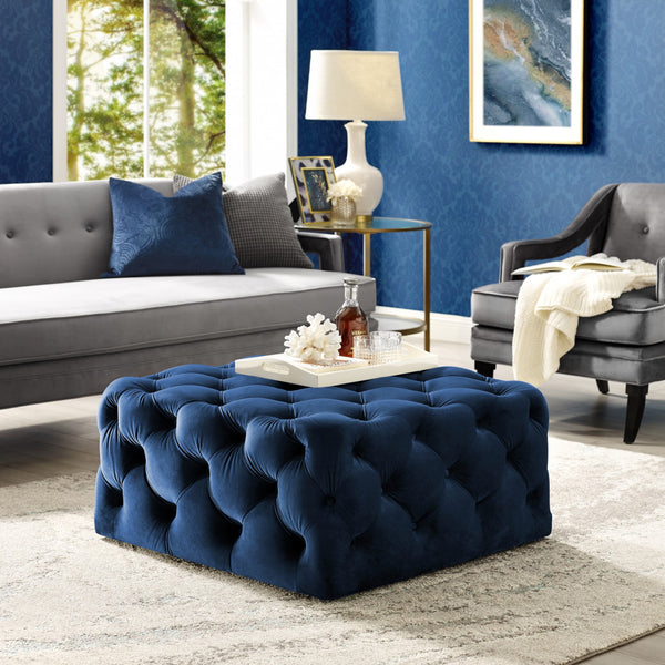 Homeroots 33" Navy Blue Velvet Rolling Tufted Cocktail Ottoman Navy,Velvet  490617