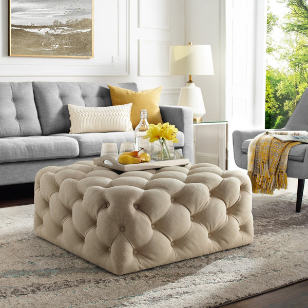 Homeroots 33" Beige Linen Rolling Tufted Cocktail Ottoman Beige,Linen  490618